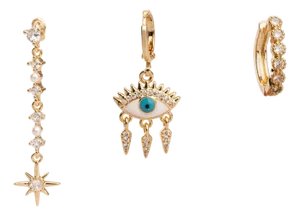Guidance Star Evil Eye & Diamond Hoop Protection Gold Trio Earring Set