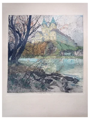 Luigi Kasimir, View from Vienna (Melk Abbey), Handcoloured Etching, 1920s