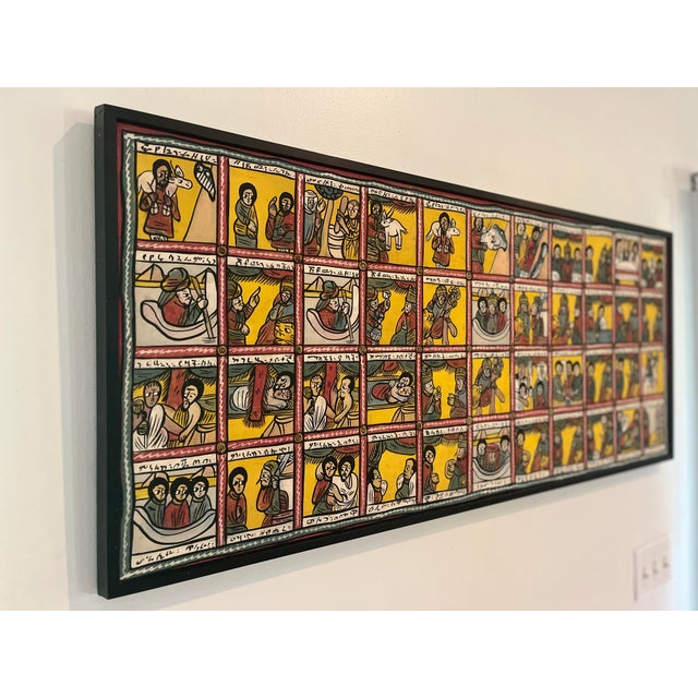 Vintage Ethiopian Narrative Painting on Cloth Depicting the Queen of Sheba and King Solomon 48” X 21” For Sale - Image 4 of 11