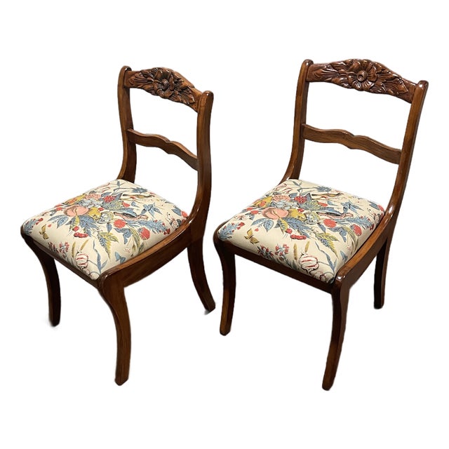 Mid-20th Century Tell City Mahogany Duncan Phyfe Rose Back Chairs in Vintage Designer Document Fabric - A Pair For Sale