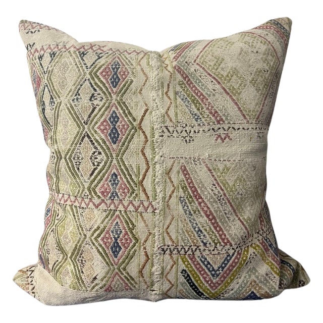 Turkish Woven Pillow in Pink, Green and Blue Motif For Sale