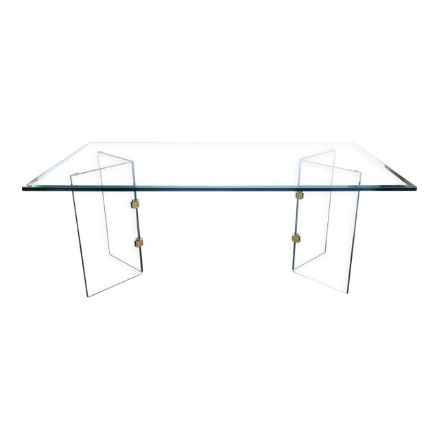 Vintage 1980s Leon Rosen for Pace Rectangular Glass Dining Table With Brass For Sale