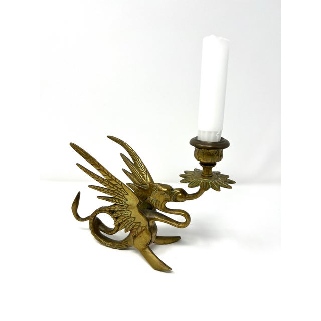 Vintage Brass Griffin Dragon Candlestick – Gothic Medieval Candle Holder, Dark Academia / Vamp Romantic Decor For Sale In Seattle - Image 6 of 10