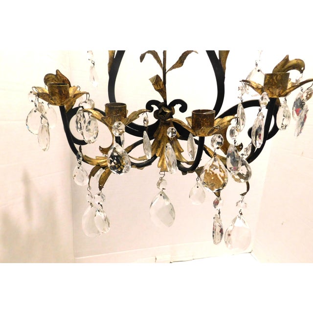 Beautiful and Graceful Black and Gold Gilt Metal Wall Sconce with Faceted Teardrop Shaped Crystals and Candle Holders with...