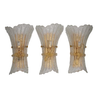 Set of Three Vintage Murano Glass and Brass Wall Sconce, 1970 For Sale