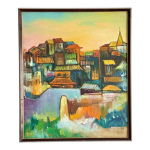 Early 20th Century Signed Asian Oil on Canvas Village Scene Framed