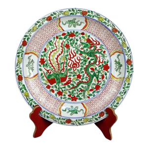 Chinese Vintage Ceramic Plate,Ming Dynasty Wanli Marked Famille Verte Porcelain Plate Hand Painted Dragon Phoenix Pattern