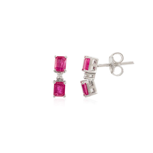Art Deco Style Solid Silver Ruby & Diamond Drop Stud Earrings- 2 Pieces For Sale - Image 6 of 10