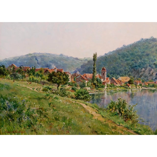 Wood Mario Carl-Rosa-19th Century Picturesque French Town by the River-Oil Painting For Sale - Image 7 of 12
