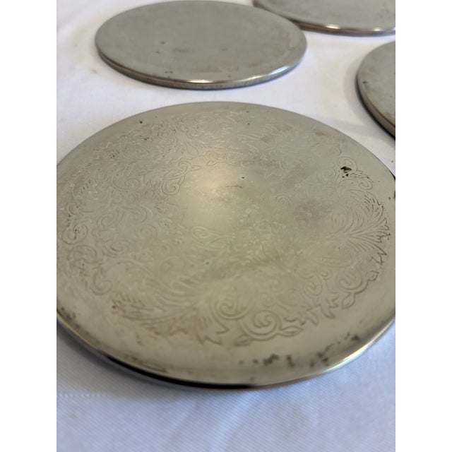 Vintage Silver Engraved Coaster Set – Set of 6 Coasters With Holder For Sale - Image 11 of 13