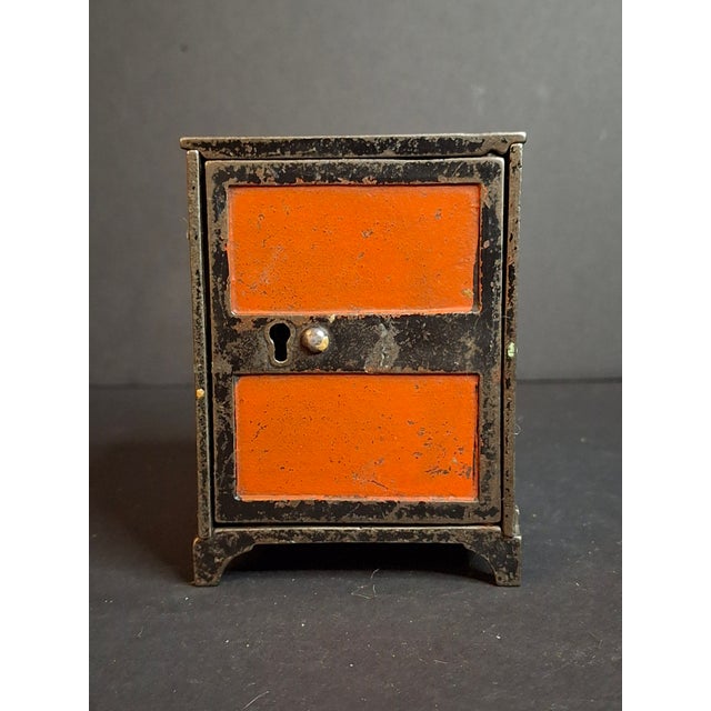Metal Antique 1880s Cast Iron Two Panel Door Safe Bank Orange Black Peirce Collection For Sale - Image 7 of 10