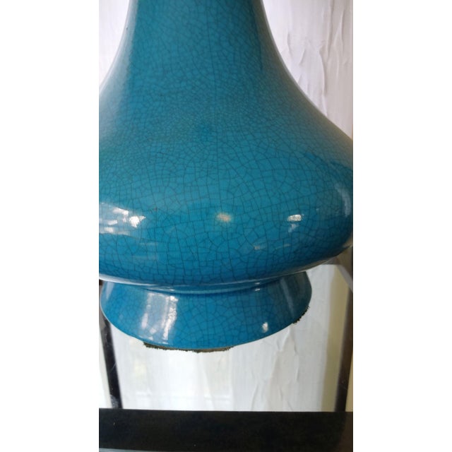 Mid-Century Modern MCM Azure Ceramic Crackle Glaze Lamp For Sale - Image 3 of 8