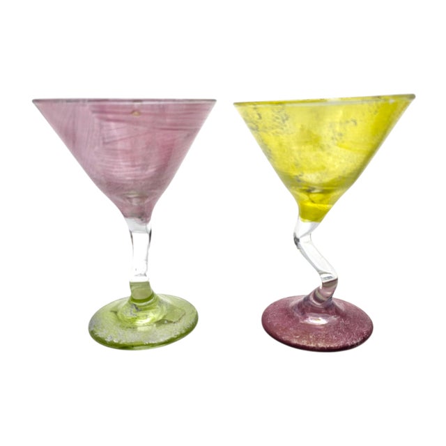 Blue Set of 6 Jeing Hand Blown Pastel Art Glass Martini Glasses, Mixed Sizes For Sale - Image 8 of 18
