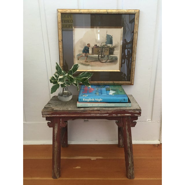 Exquisite hand colored copper plate engraving of Chinese merchant pushing his wares in cart. Engraved and published in...