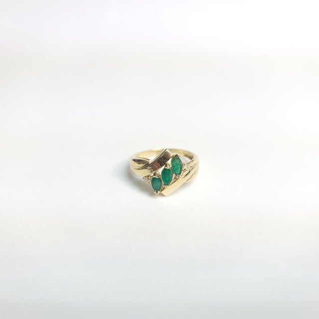 Marquise Emerald & Diamond Diagonal Row Cocktail Ring, Size 6.75 For Sale - Image 4 of 5