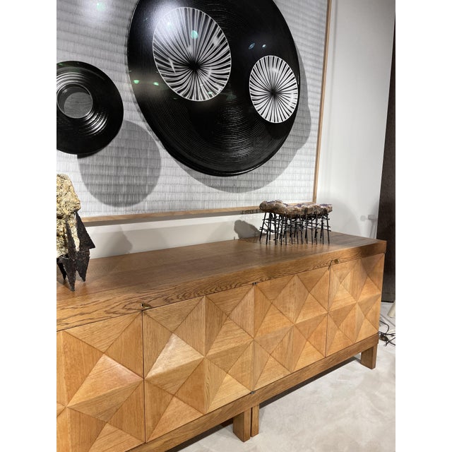 Brutalist Sideboard in Light Oak attributed to Jean Batenburg for Mi. Belgique, 1970s, in Restored conditions. Designed...
