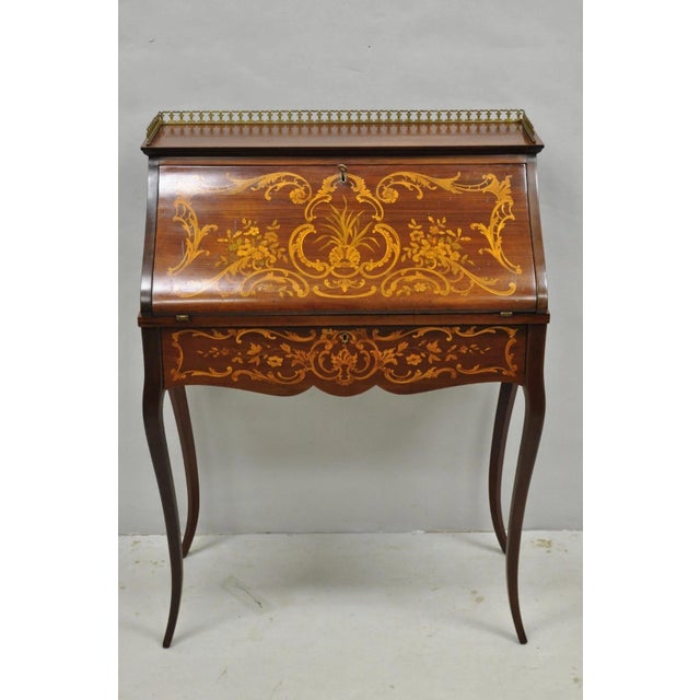 Antique French Louis XV Style Marquetry Inlaid Drop Front Ladies Writing Desk For Sale - Image 18 of 18