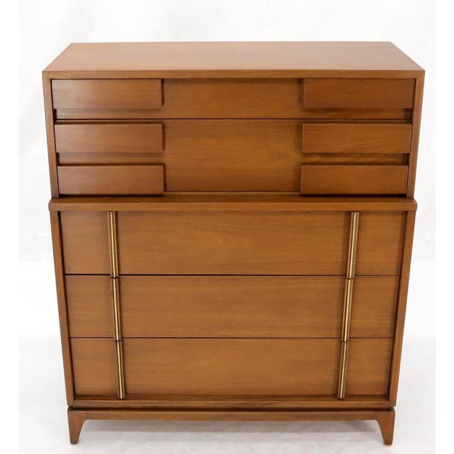 Brown Mid-Century Modern Five Drawers High Chest Dresser with Brass Accents For Sale - Image 8 of 13