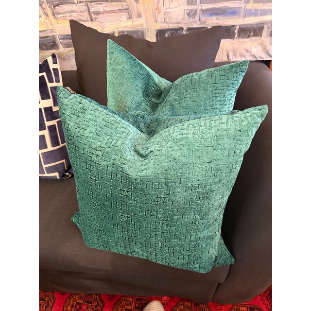 Textile Vivid Green Geometric Sheered Velvet Blend Double Sided Pillow With New Insert For Sale - Image 7 of 7
