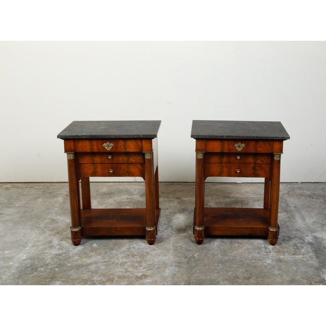Early 19th Century Early 19th Century French Empire Early 19th Century Walnut Console Tables with Grey Marble Tops For Sale - Image 5 of 12