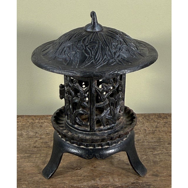 Black Chinese Cast Iron Garden Lantern With Hanging Finial and Iris Relief For Sale - Image 8 of 11