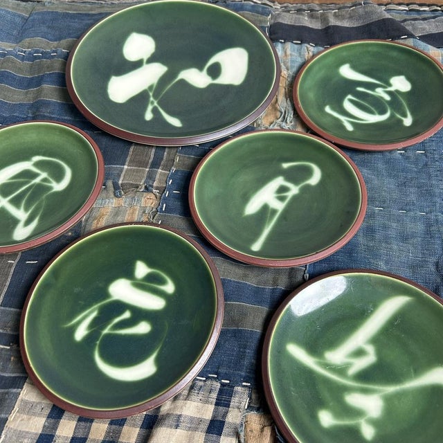 Vintage Kyo Yaki Plate Set with Calligraphy, 1960s, Set of 6 For Sale - Image 6 of 18