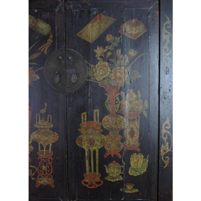 Wood Hand Painted Flower 2 Panel Doors Antique Chinese Cabinet For Sale - Image 7 of 16