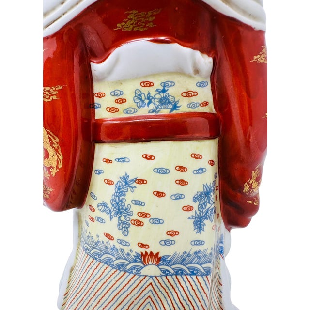 Vintage Chinese Lu Xing God of Prosperity Statue | 1970s Famille Rose Porcelain Figurine | Asian Home Decor Feng Shui Collectible | Good Fortune Gift For Sale - Image 9 of 13