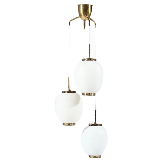 Danish Brass and Opaline Glass Chandelier by Bent Karlby for Lyfa, 1950s For Sale