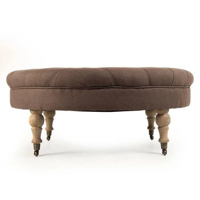 French Country Hollow Maison Tufted Round Ottoman in Aubergine For Sale - Image 3 of 3