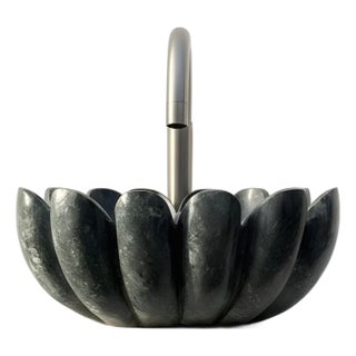 Hand-Carved Verde Guatemala Marble Lotus Sink – 16” Sculptural Stone Basin For Sale
