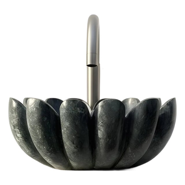 Hand-Carved Verde Guatemala Marble Lotus Sink – 16” Sculptural Stone Basin For Sale