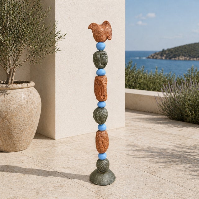 Marc Zimmerman "Stone Perch 4" Glazed Ceramic Totem, 62 Inches Tall, Stone-Like Brown Forms, Blue Sphere Accents, Contemporary Art West Coast For Sale In Monterey, CA - Image 6 of 7