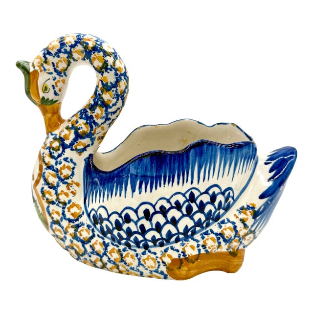 Antique Quimper Hand Painted Swan Jardiniere For Sale