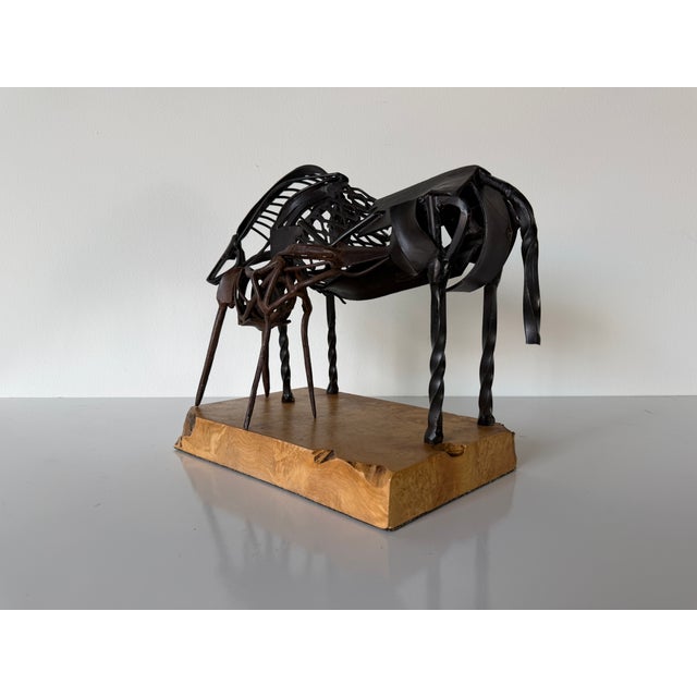 Vintage Brutalist Abstract Mare & Foal Metal Sculpture on Burl Wood Base For Sale - Image 9 of 16