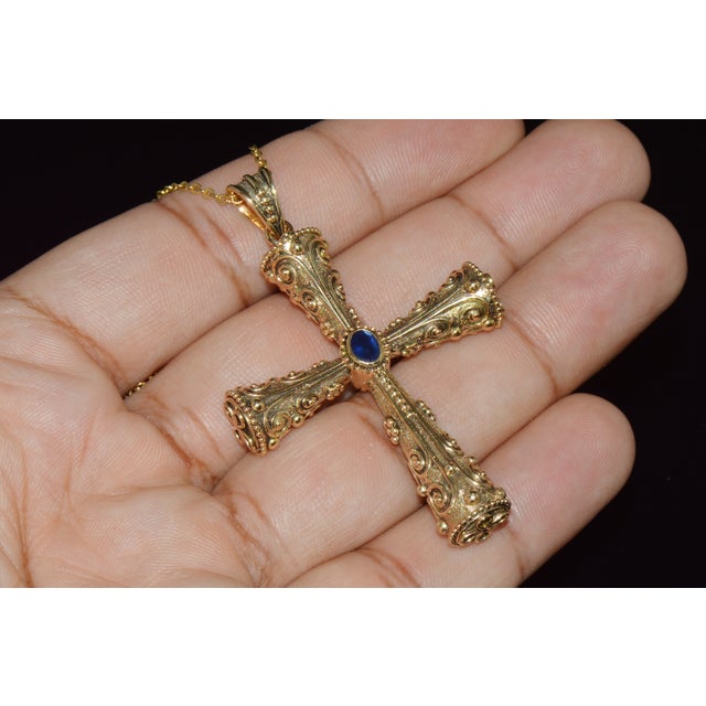 Certified Natural 0.88Cts Diamond Sapphire 18k 750 Solid Gold Filigree Cross Byzantine Greek Reversible 2-in- 1 Pendant For Sale - Image 9 of 12