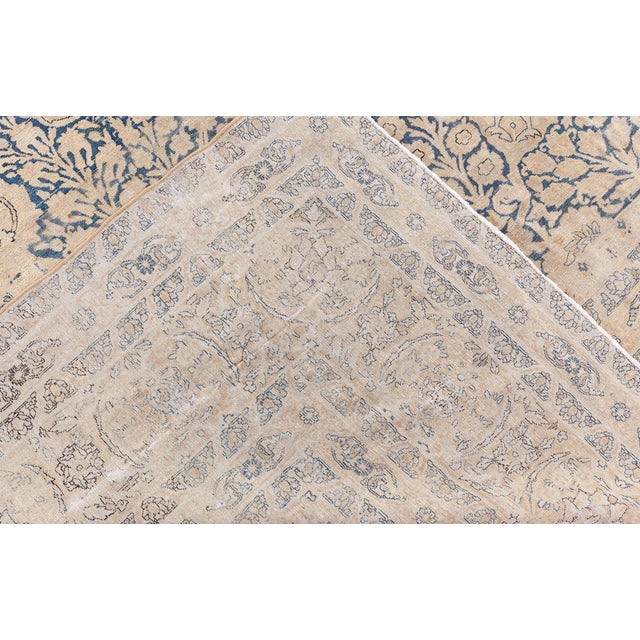 Antique Blue and Beige Persian Kirman Handwoven Wool Rug For Sale In New York - Image 6 of 8