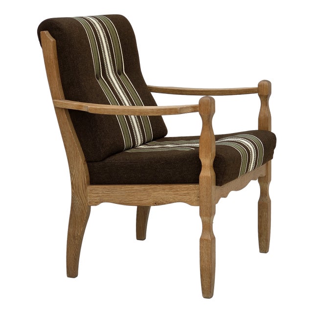 Danish Armchair in Striped Furniture Wool and Carved Oak Wood, 1970s For Sale
