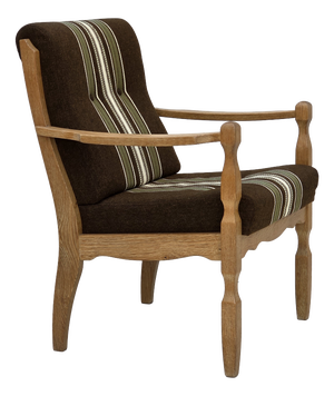 Danish Armchair in Striped Furniture Wool and Carved Oak Wood, 1970s