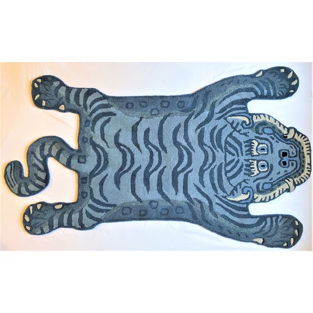 2010s Vintage Blue Tibetan Tiger Hunting Shape Persian Rug For Sale - Image 5 of 7