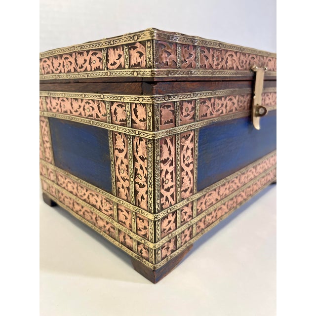Vintage Indian Hand Made Wood & Mixed Metal Bound Hammered Copper & Brass Box Aprox. dimensions: 6"H x 10"L x 7"W Good...