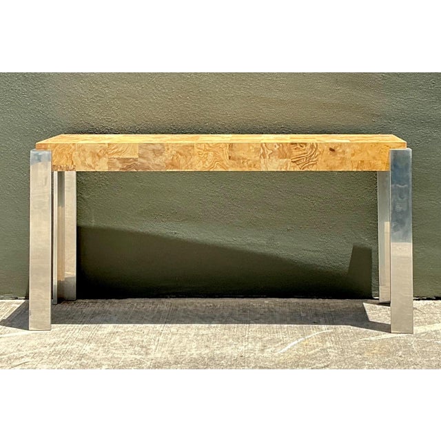 Vintage Laminate Burl Wood and Chrome Console Table For Sale - Image 16 of 18