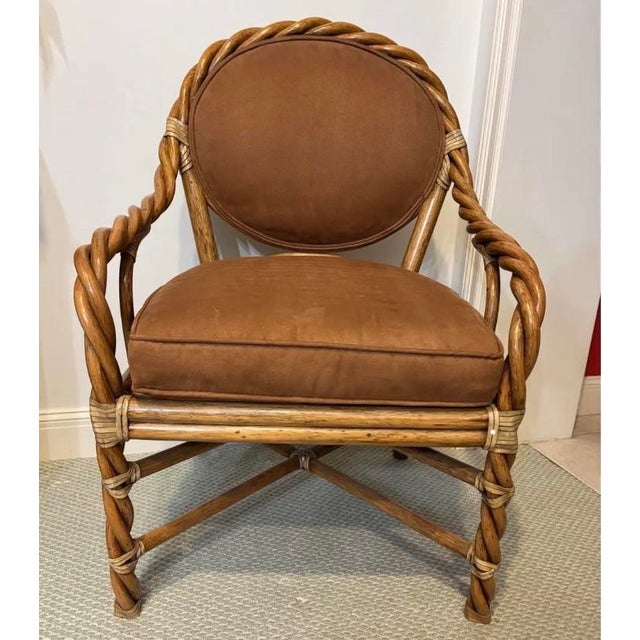 McGuire twisted rattan dining chairs in a faux suede upholstery. Performance material allowing luxury look and feel with...