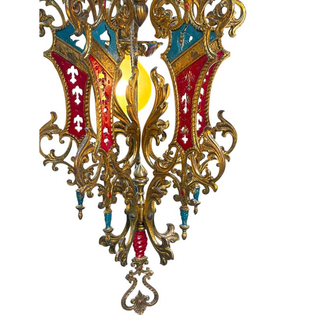 1910s 1910s Cast Brass Semi Flush Ceiling Light With Red and Blue Embellishments Circa 1915 For Sale - Image 5 of 16