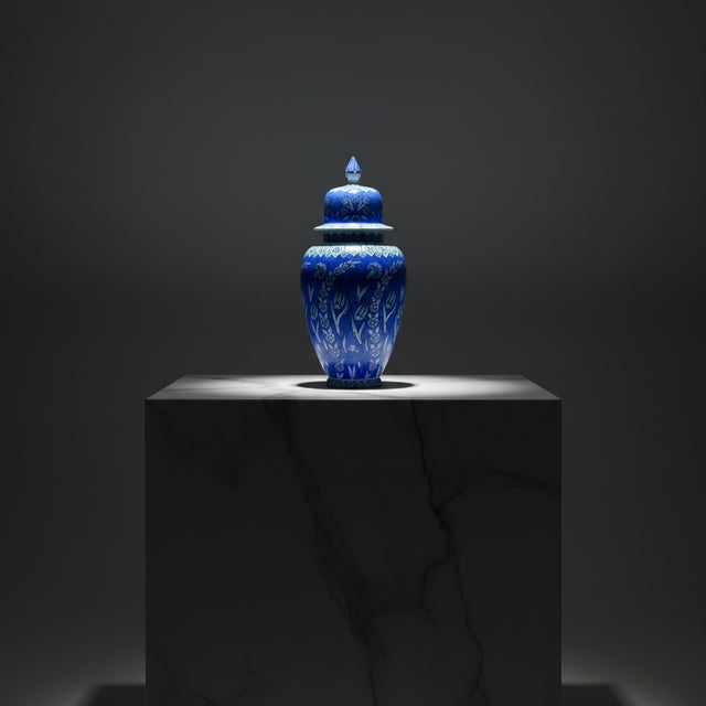 Handmade Ceramic Shah Vase with Lid (30cm) Deep Blue Saz Style Floral Lidded Jar For Sale - Image 9 of 9