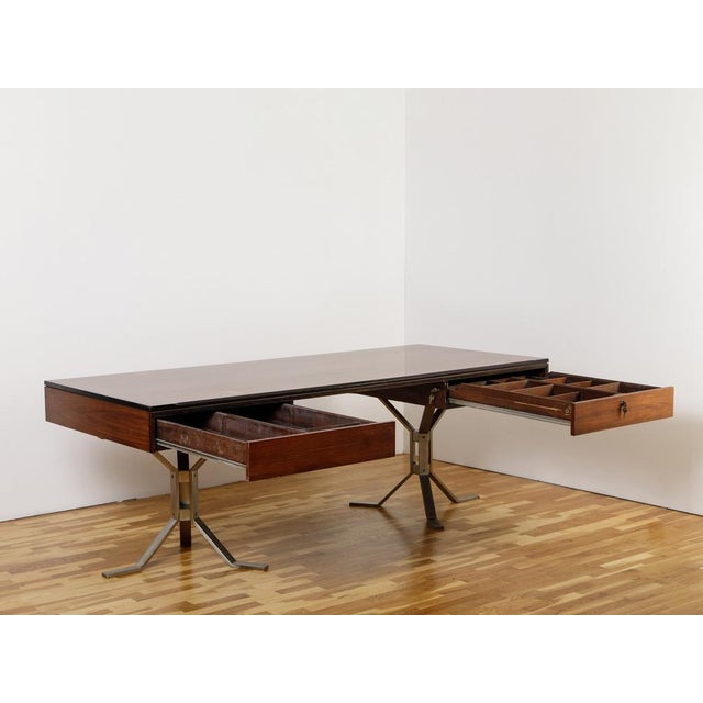 Executive Desk in Wood and Steel with Two Drawers, 1960s, in Worn conditions. Designed 1960 to 1969