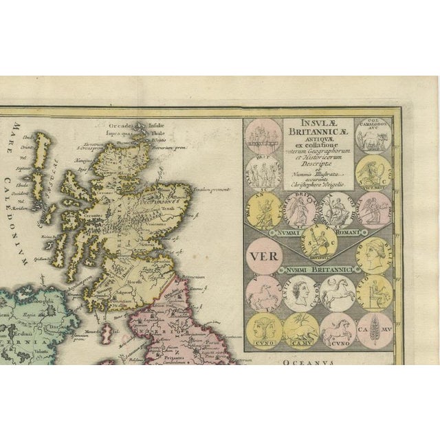 Britain and Ireland Map with Roman and British Coins, Weigel, 1718 For Sale - Image 4 of 11