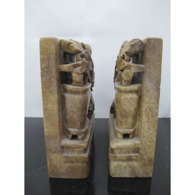 Chinese Hand Carved Soapstone Ornate Potted Flower Design Bookends Sculptures For Sale - Image 4 of 11