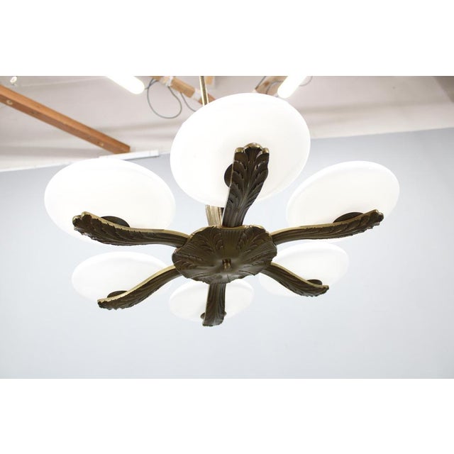 Art Deco Brass Chandelier with 6 Glass Shades, Former Czechoslovakia, 1930s For Sale - Image 6 of 16