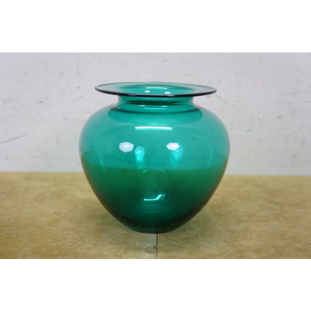 Teal Vintage Hand Blown Teal Green Glass Vase Urn Leech Bowl 6" For Sale - Image 8 of 12